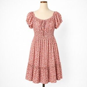 Floral Smocked Puff Sleeve‎ Peasant Dress Sz S Red Coquette Cottagecore Prairie
